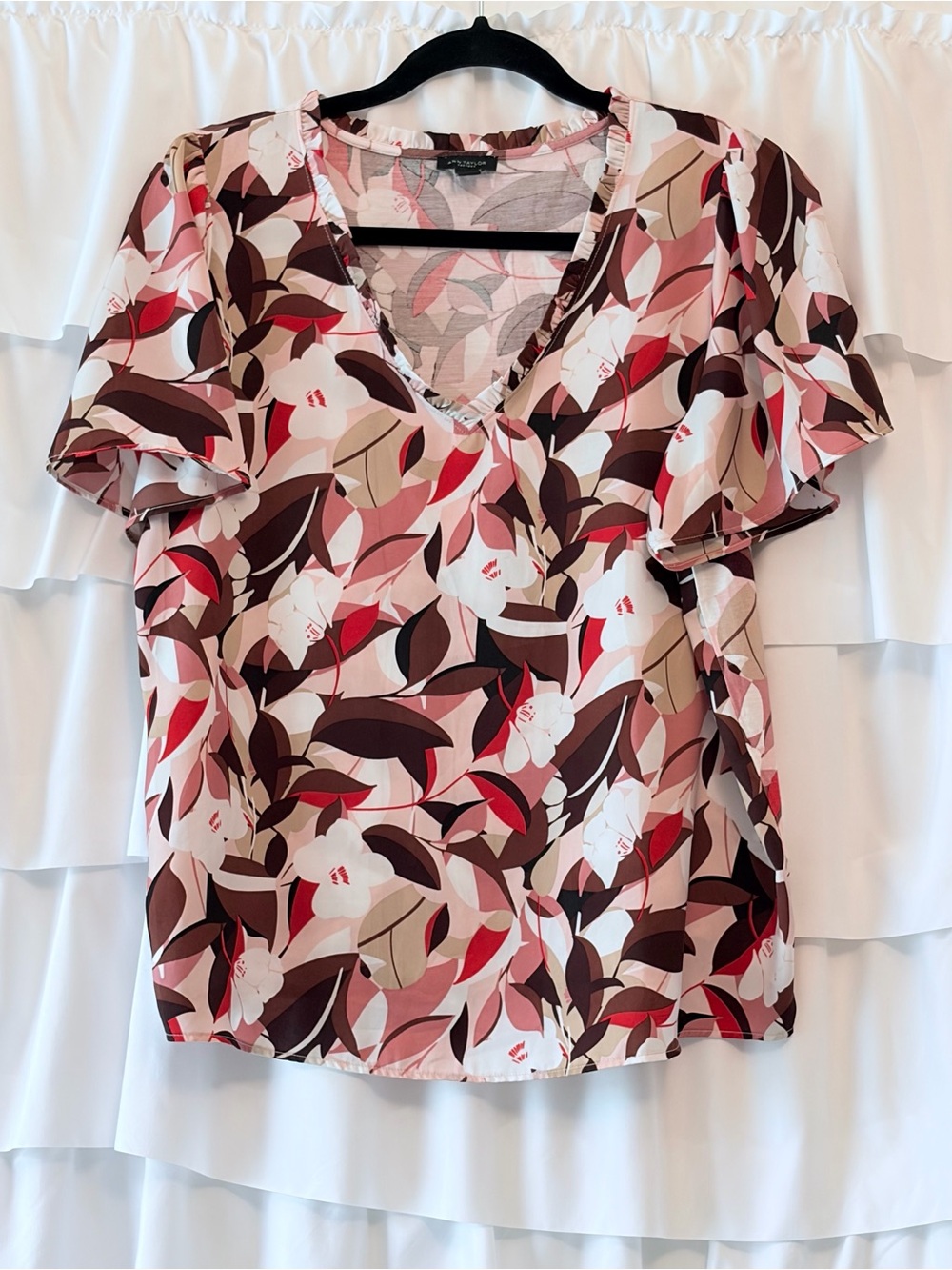 Ann Taylor Floral V-Neck Ruffle Sleeve Top - Pink Multi
